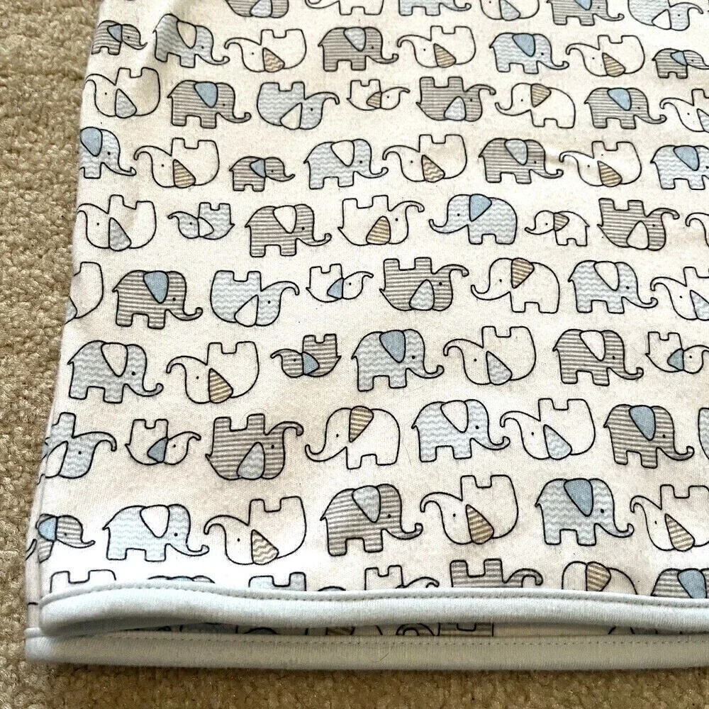 Elephant Stars Baby Blanket Grey Light Blue White Soft Reversible Crib Cotton